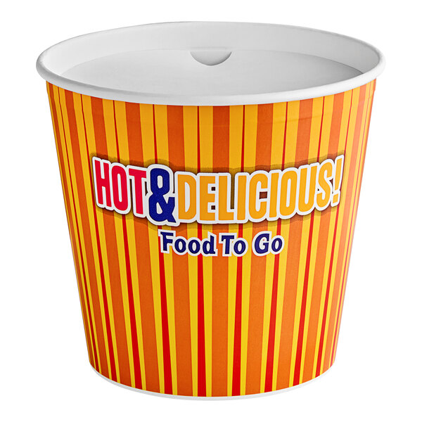 A yellow and orange Choice hot food bucket with a lid.