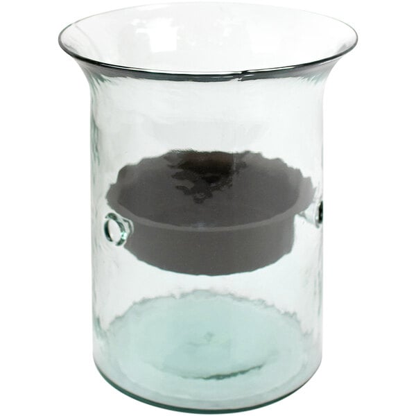 A Kalalou glass hurricane candle holder with a black metal insert.