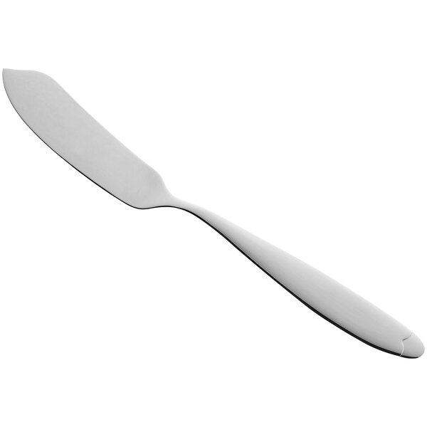 A silver fish knife with a white handle.