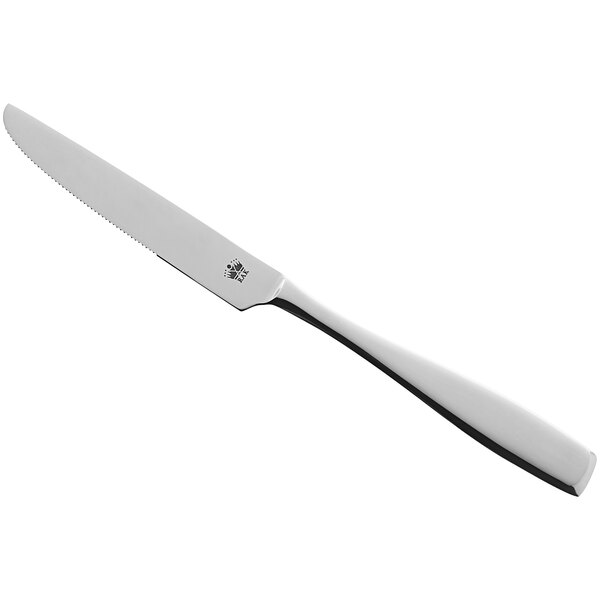 A silver knife with a black handle.