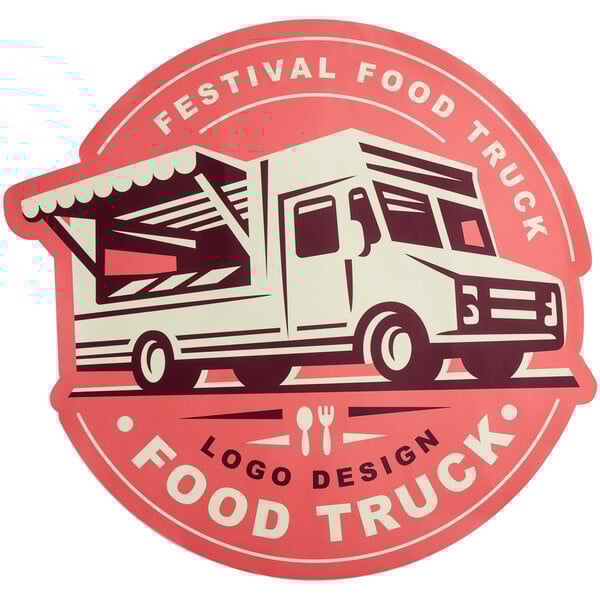 A white customizable vinyl concession sign with a red and white food truck design.