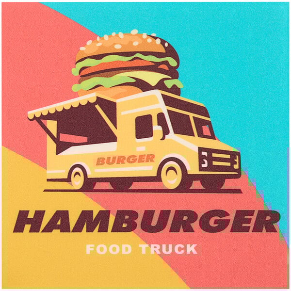 A yellow food truck with a Carnival King square sticker of a hamburger on the side.