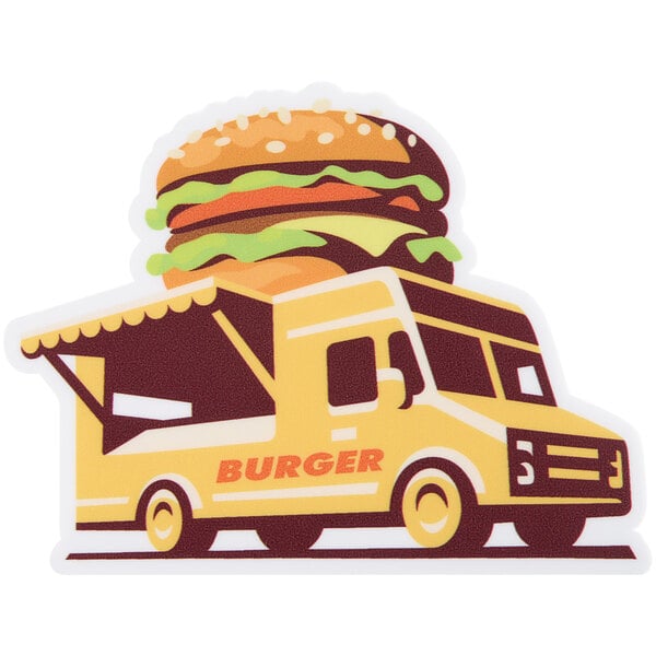 A yellow food truck with a large burger on top with a Sticker Yeti Customizable Die-Cut Vinyl Sticker on the side.