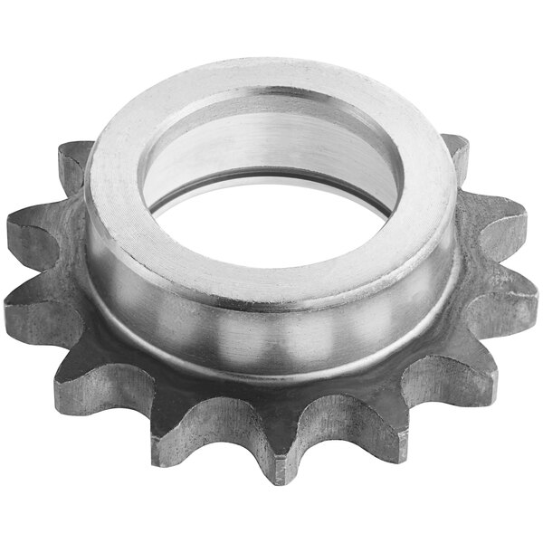 A silver chain wheel gear with a hole.