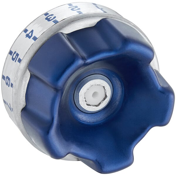 A blue and white plastic knob with a white circle base.