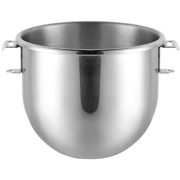 A silver stainless steel mixing bowl with handles.