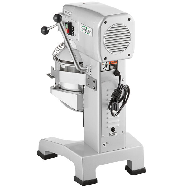 A white MainStreet Equipment planetary stand mixer with a metal guard.