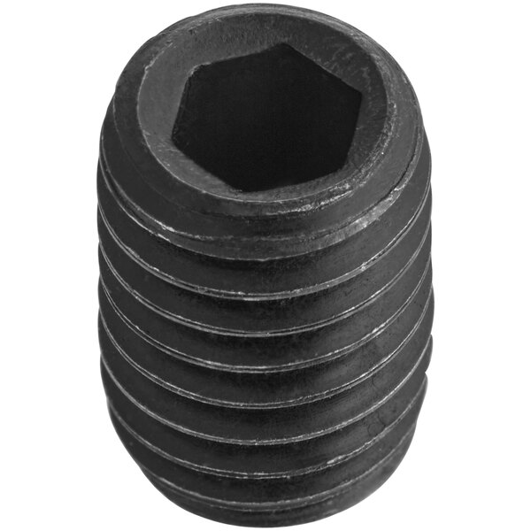 A close-up of a black threaded hex set screw for Estella dough sheeters.