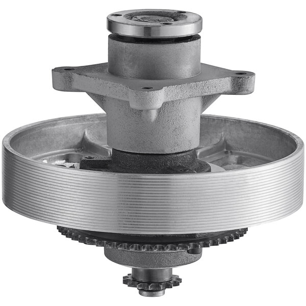 A metal Estella clutch assembly with a metal gear wheel and a round belt.