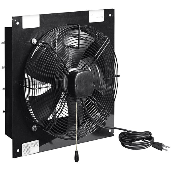 A black Canarm 16" exhaust fan with a cord.