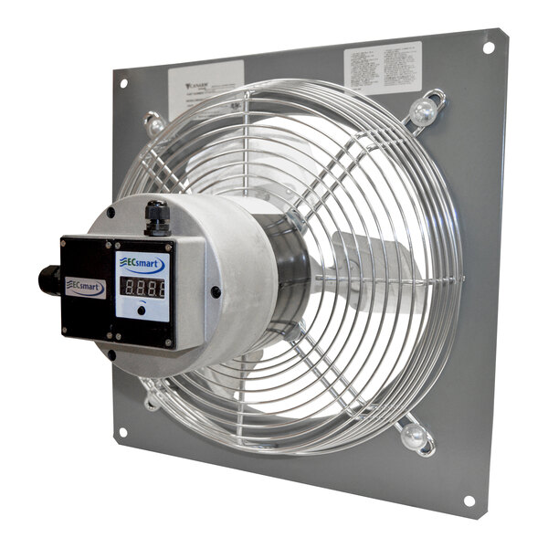 A Canarm panel-mounted exhaust fan with a digital display.