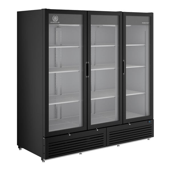 A large black refrigerated merchandiser with three glass swing doors and interior shelving.