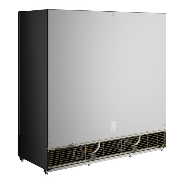 A large black and silver refrigerated merchandiser with swing glass doors and LED lighting.