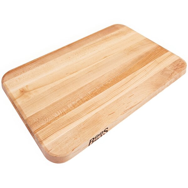A John Boos maple wood cutting board with a logo on it.