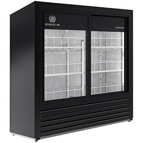 A black Beverage-Air Marketeer series refrigerator with two open glass doors.