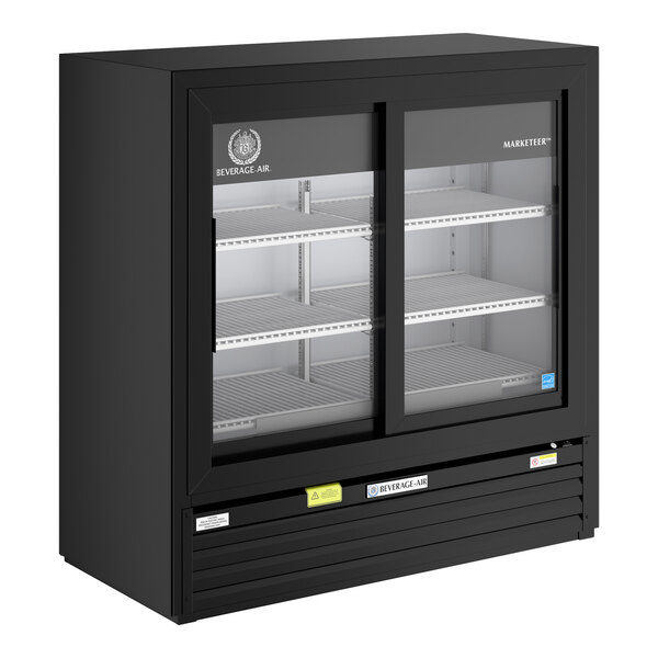 A black refrigerated sliding glass door merchandiser with LED lighting and multiple shelves.