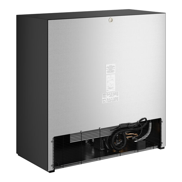 A commercial black refrigerated sliding glass door merchandiser with LED lighting, shown from the back.