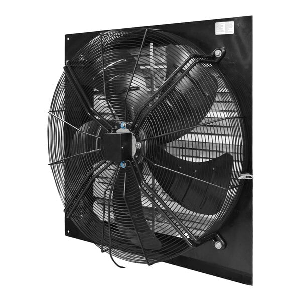 A large industrial exhaust fan with a protective wire guard mounted on a square metal frame.