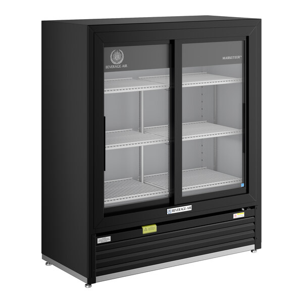 A black refrigerated sliding glass door merchandiser with LED lighting and multiple shelves.