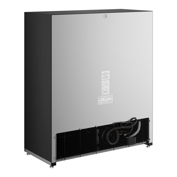 A commercial refrigerated sliding glass door merchandiser with a black exterior and LED lighting.