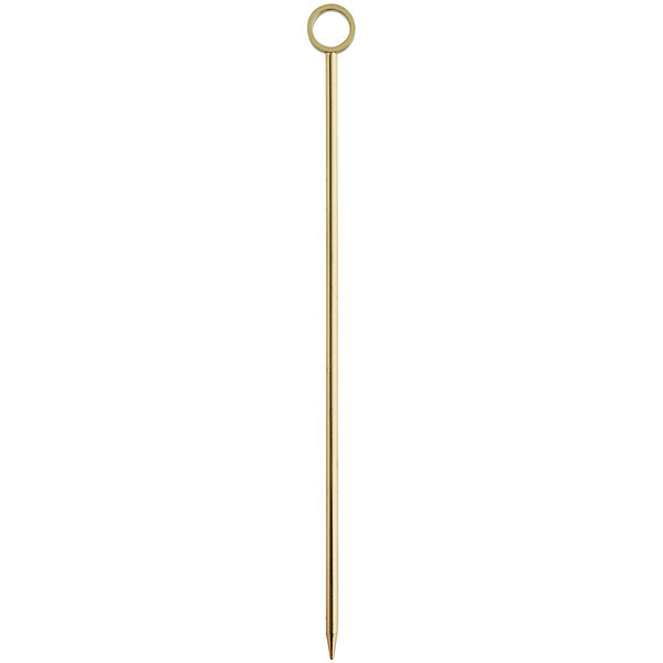 A gold metal Barfly cocktail pick with a circle on the end.