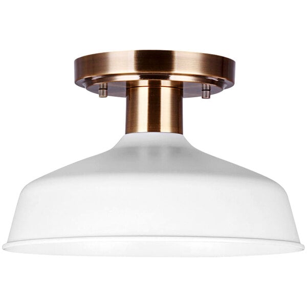 A close up of a Canarm Bello white and gold ceiling light fixture.