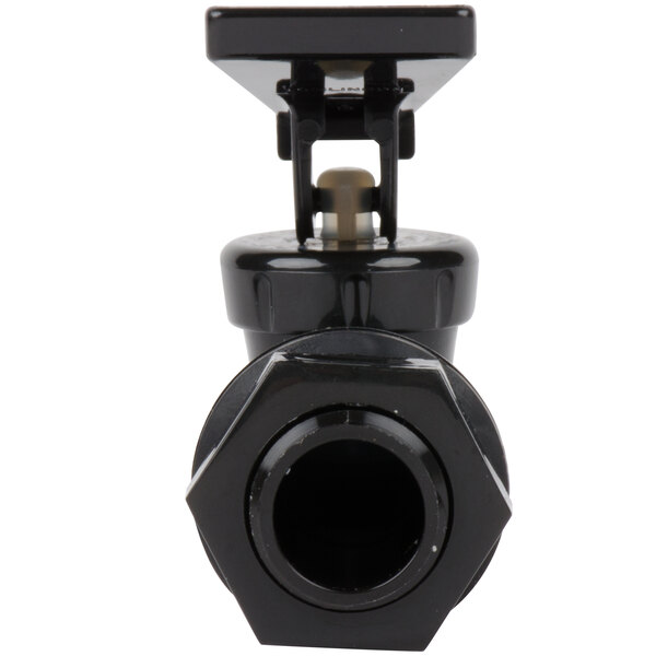 A close-up of a black ball valve on a white background.