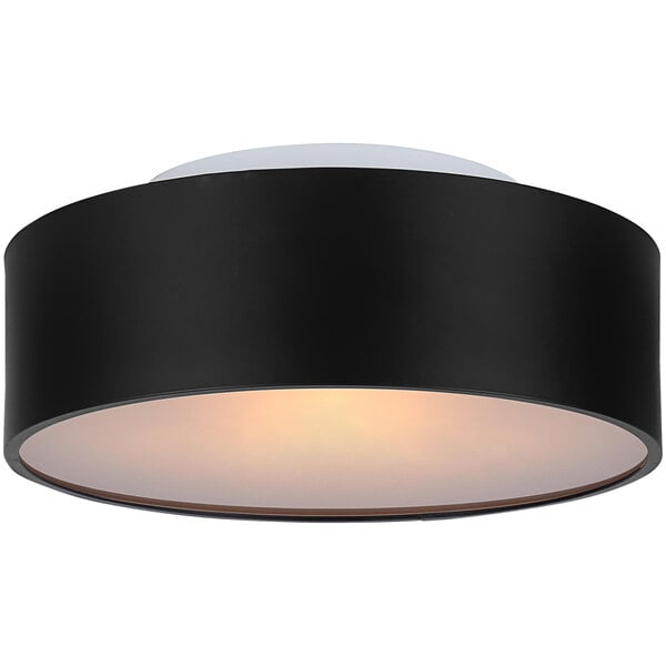 A black semi-flush mount light fixture with a white frosted glass shade.