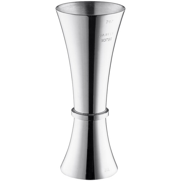 A silver Barfly Japanese-style stainless steel jigger with a handle.