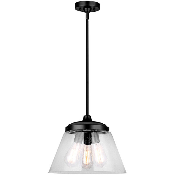 A matte black Canarm pendant light with clear glass shades hanging in a restaurant dining area.