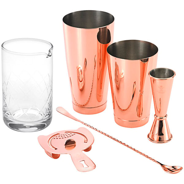 A Barfly copper cocktail mixing kit on a counter.