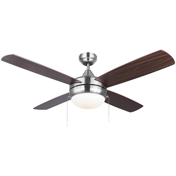 A Canarm Lawson industrial ceiling fan with wooden blades and a light.
