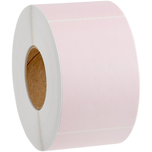A roll of pink labels with a white background.