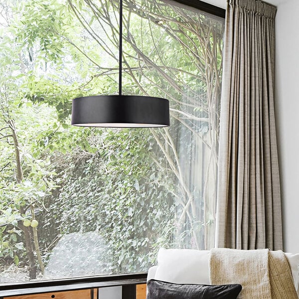 A black Canarm Dexter pendant light hanging in a room.