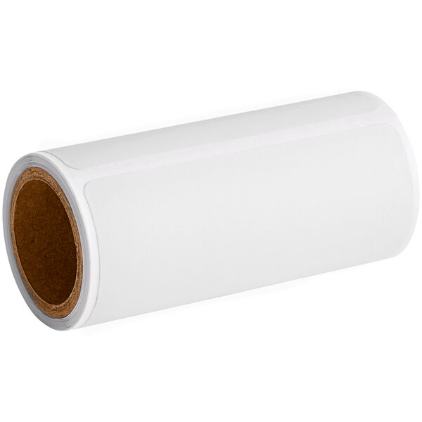 A roll of white rectangular Lavex labels with a blue and yellow face.