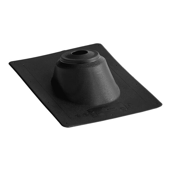 A black plastic Oatey roof flashing base with a hole.