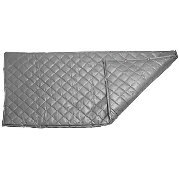 A grey quilted blanket with a silver vinyl barrier on a white background.