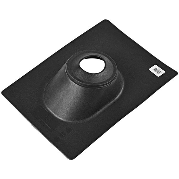 A black plastic Oatey roof flashing with a hole in the center.