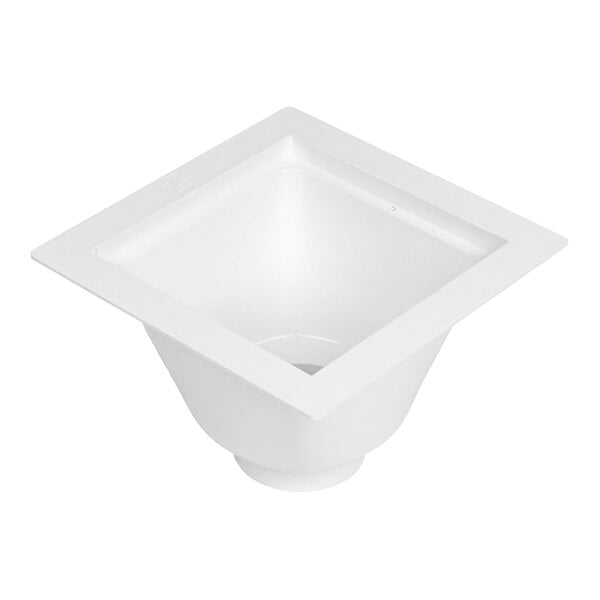 A white square PVC floor sink with a hole in the middle.