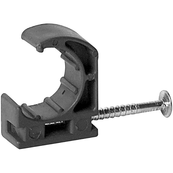 A black plastic Oatey half clamp with a screw.