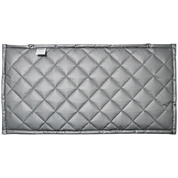 A rectangular grey double-faced quilted fiberglass pad with a white label.