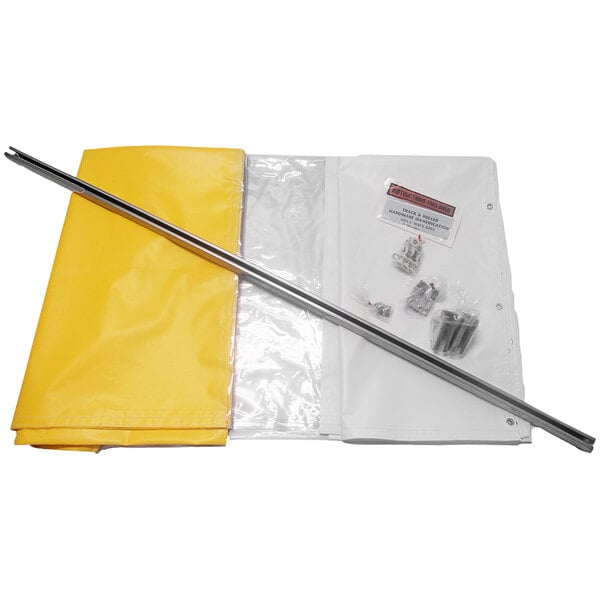 A yellow tarp with metal rods and screws in a yellow and white bag.