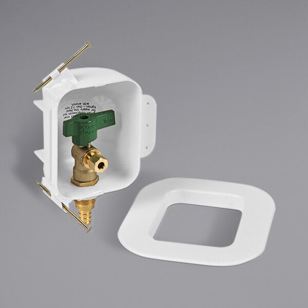 A white plastic box with a green valve.