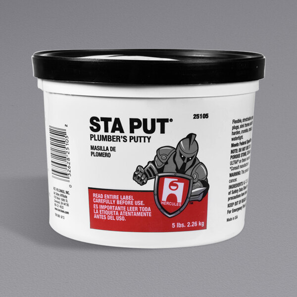 A white tub of Hercules Sta Put Plumber's Putty with a black lid.