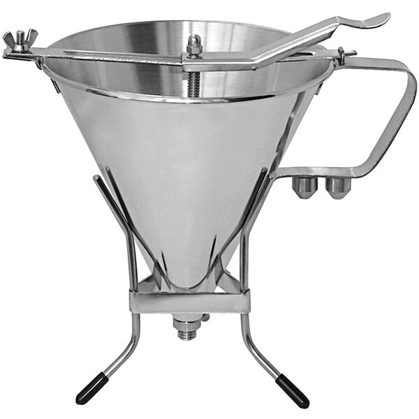 A de Buyer stainless steel funnel with a handle.