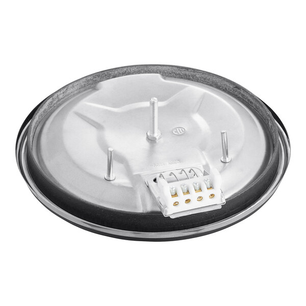 A round metal Avantco burner plate with a black ring.