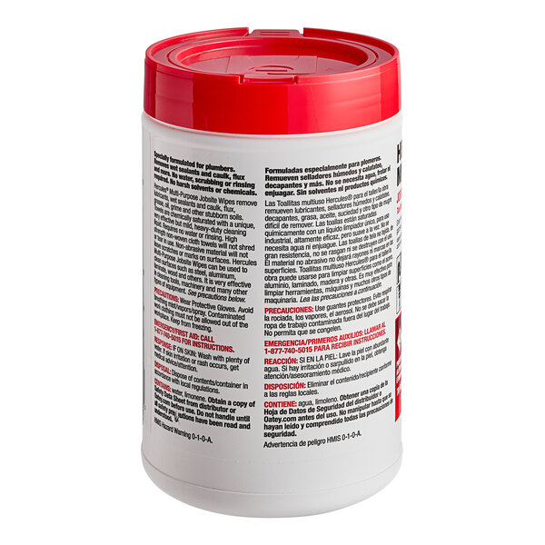 A white container with a red lid and black text containing Hercules by Oatey multi-purpose cleaning wipes.
