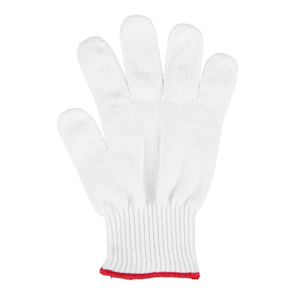 A white Victorinox cut resistant glove with red trim.