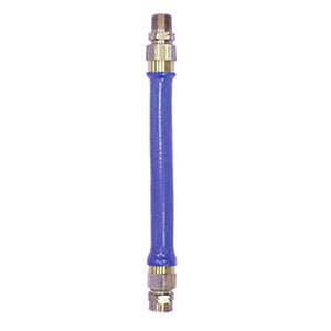 A blue and silver Dormont water connector hose with gold ends.
