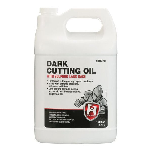 A white plastic gallon jug with a handle, labeled 'Dark Cutting Oil' and featuring a graphic of a knight with a shield.